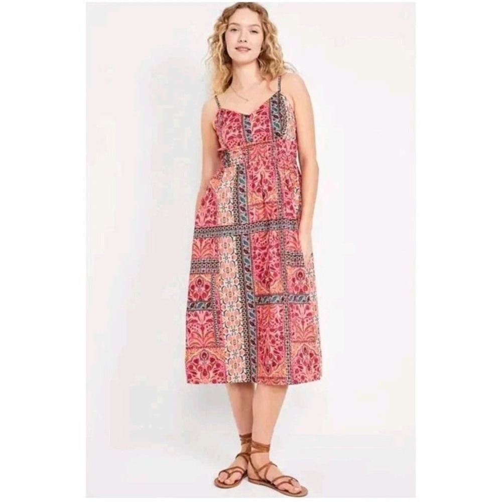 Old Navy Pink Floral Cami Midi Dress Cotton S Waist Defined Smocked Patchwork